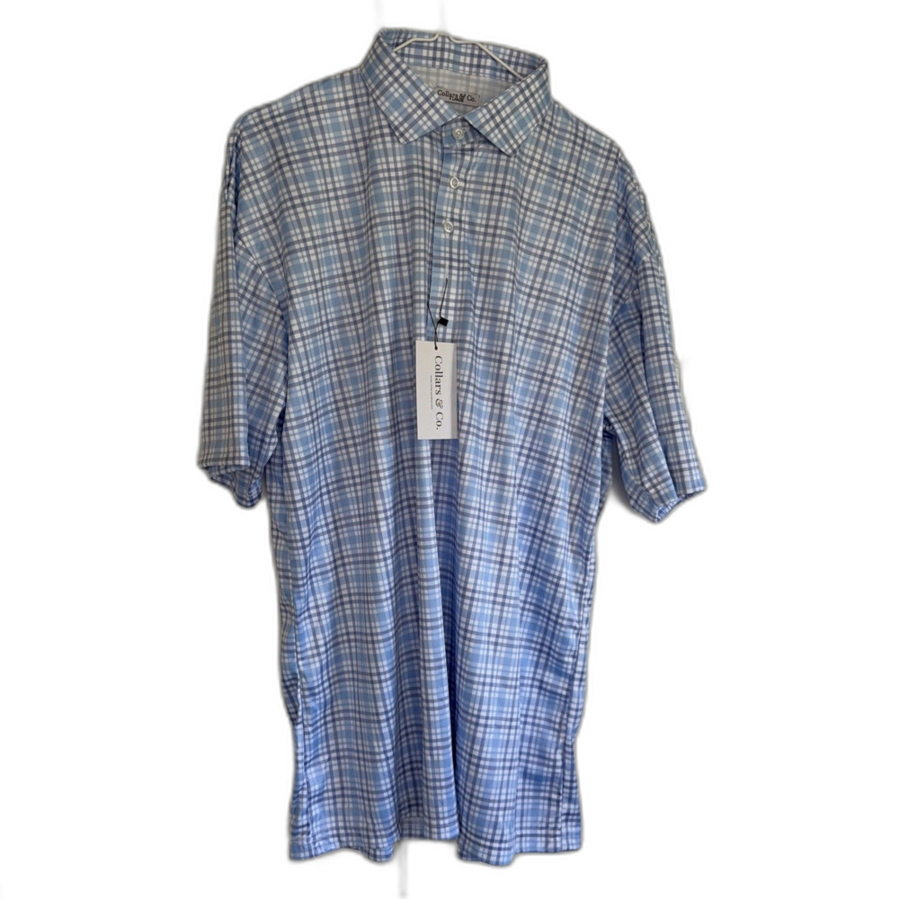 Collars & Co Blue Plaid Performance Dress Collar Polo Shirt XL NWT Short Sleeve